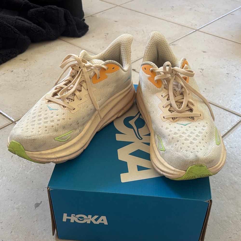 Hoka Sneakers in Cream with Orange and Green Accents - Picture 2 of 7